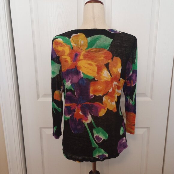Ralph Lauren Bold Fall Floral Long Sleeve Top sz 14 Petite Stretch Linen Silk - Picture 4 of 6